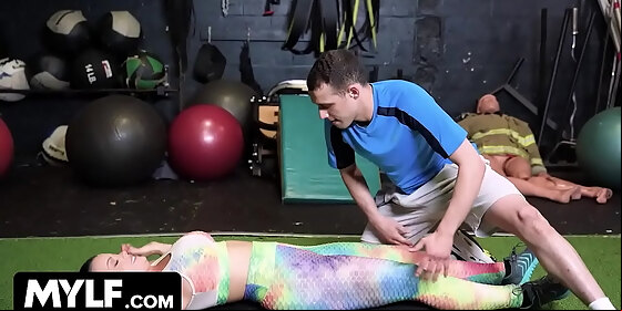sweaty buxom milf in yoga pants upgrades her workout with intense sex session with her fit trainer