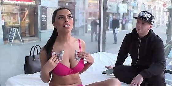 brunette does a breast pumping session in the public