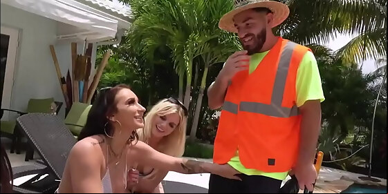 three hot teen best friends nikki sweets mina moon and alessia luna fuck mexican landscaper outdoors by pool