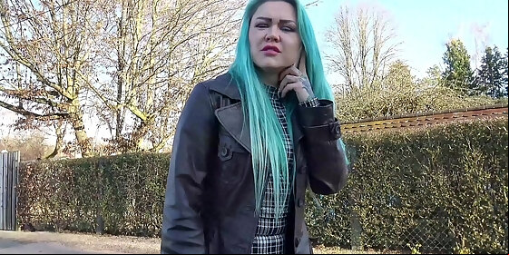 german scout green hair girl talk to fuck for cash at real pick up casting